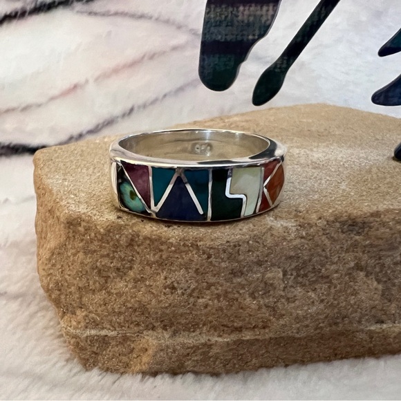 Jewelry - ❤️ Taxco 950 Sterling Silver Peruvian Inlaid Multi-Stone Band Ring Sz 8.5 Unisex